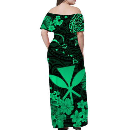 Hawaii Off Shoulder Long Dress Polynesia Green Kanaka Maoli