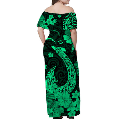 Hawaii Off Shoulder Long Dress Polynesia Green Fish Hook