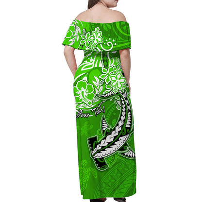 Custom Personalised Hawaii Off Shoulder Long Dress Polynesia Green Sea Turtle Honu and Hammerhead Shark