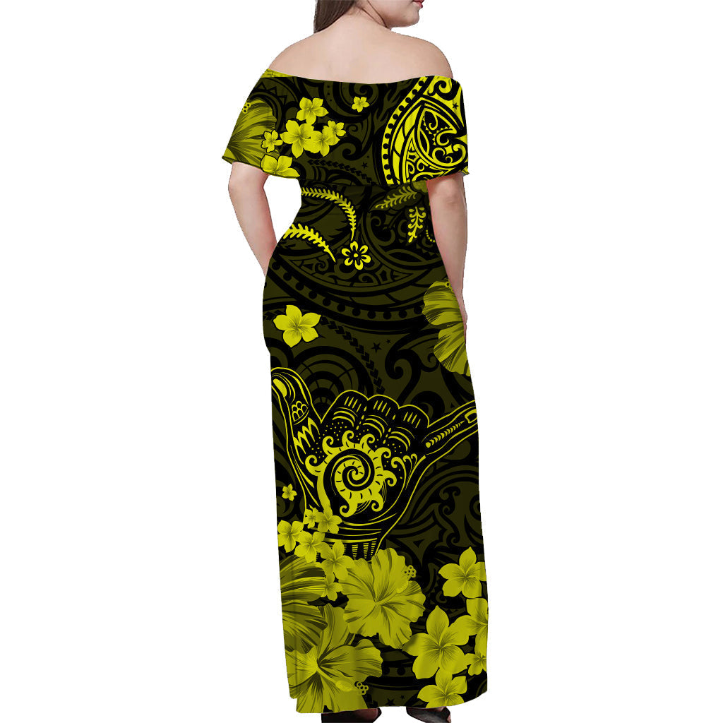 Hawaii Off Shoulder Long Dress Polynesia Yellow Cool Shaka Sign