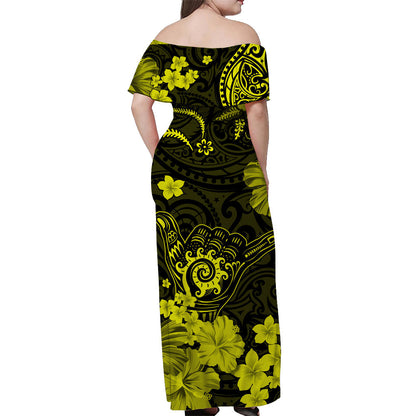 Hawaii Off Shoulder Long Dress Polynesia Yellow Cool Shaka Sign