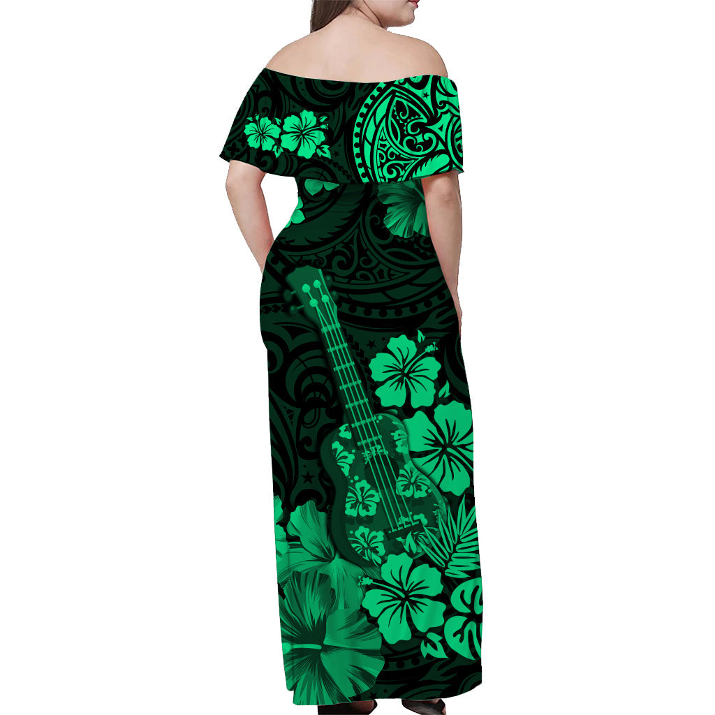 Hawaii Off Shoulder Long Dress Polynesia Green Ukulele Flowers
