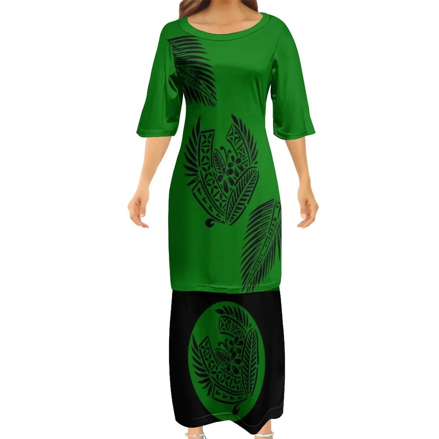 Green Tropical Polynesian Traditional Tribal Couple Set Puletasi Dress Two-Piece Suit With Men's Shirt Blue Matching Outfit For Couple