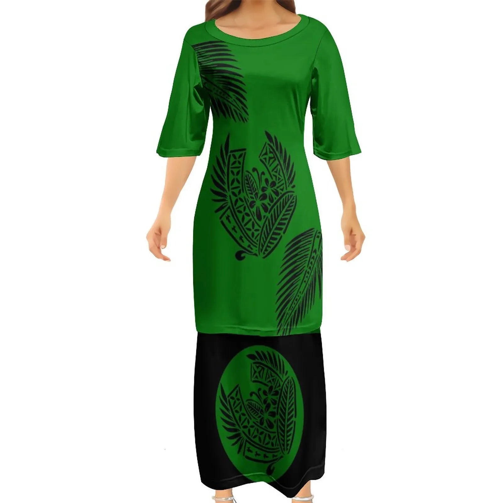 Green Tropical Polynesian Traditional Tribal Couple Set Puletasi Dress Two-Piece Suit With Men's Shirt Blue Matching Outfit For Couple