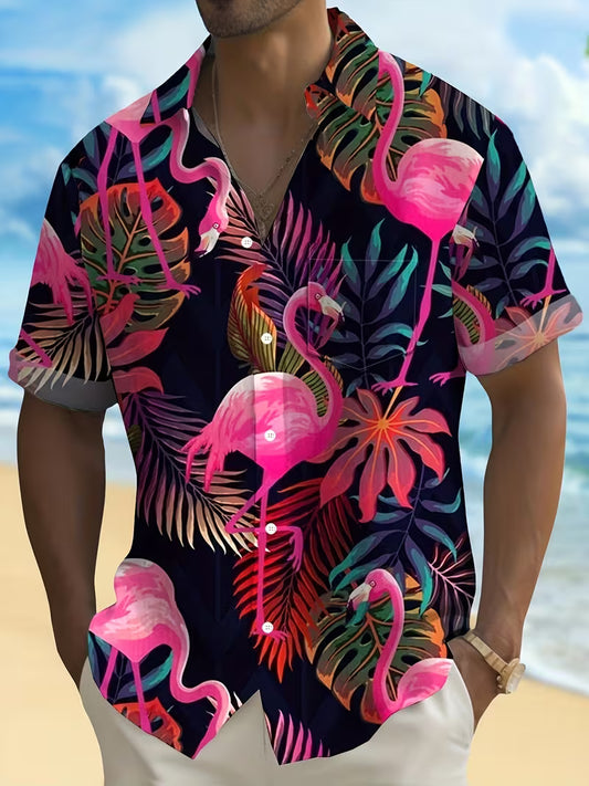 Flamingo Pattern Hawaiian Shirt Tropical Beach Short Sleeve Button Printed Shirt For Him