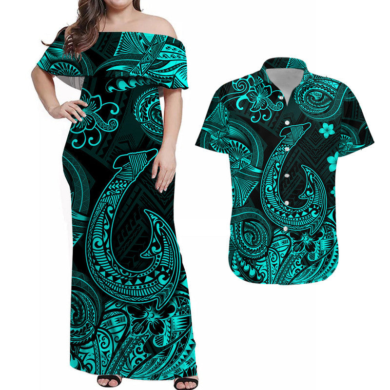 Hawaii Fish Hook Polynesian Combo Dress and Hawaiian Shirt Matching Couples Outfit Unique Style Turquoise