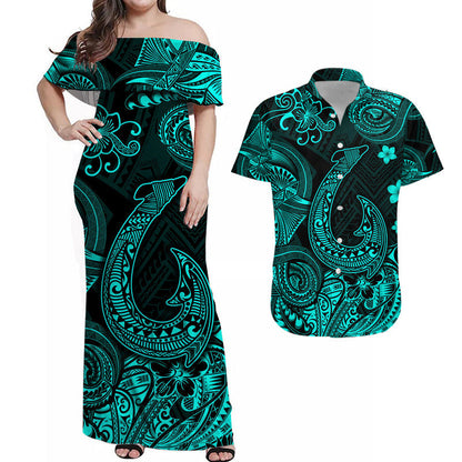 Hawaii Fish Hook Polynesian Combo Dress and Hawaiian Shirt Matching Couples Outfit Unique Style Turquoise