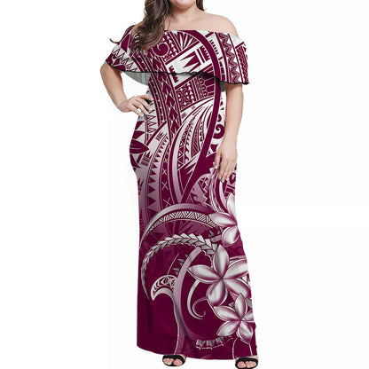Polynesian Pride Off Shoulder Long Dress Polynesia Tribal Royal Pink
