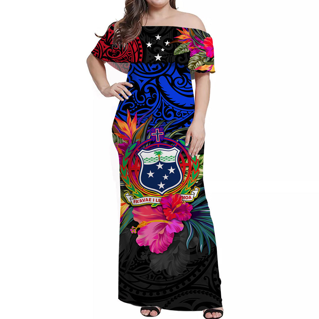 Samoa Off Shoulder Long Dress Alluring Polynesia and Tropical Flowers