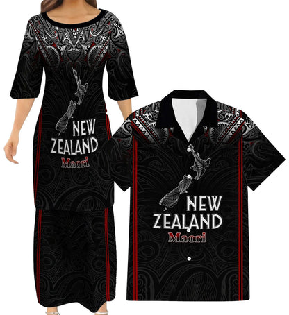 New Zealand Map Matching Outfit For Couple NZ Maori Puletasi Dress And Hawaiian Shirt For Her Him