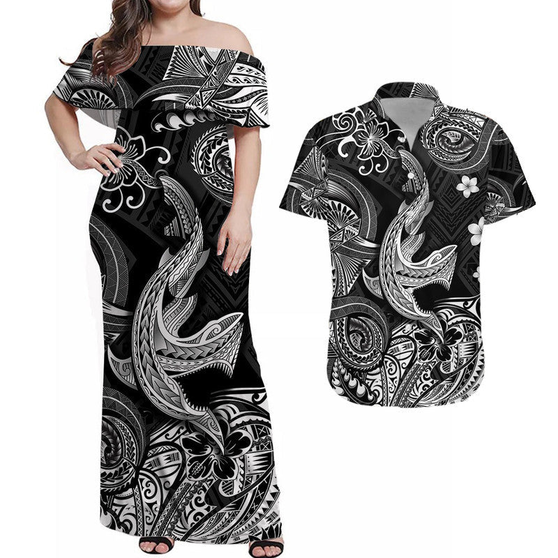 Hawaii Angry Shark Polynesian Combo Dress and Hawaiian Shirt Matching Couples Outfit Unique Style Black