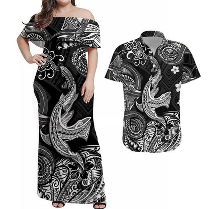 Hawaii Angry Shark Polynesian Combo Dress and Hawaiian Shirt Matching Couples Outfit Unique Style Black