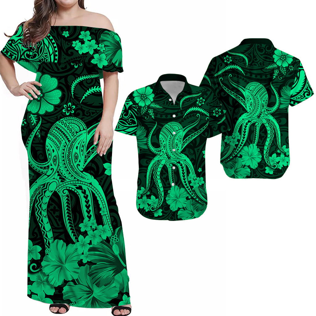 His And Her Matching Outfits Hawaii Combo Dress and Hawaiian Shirt Polynesia Green Octopus