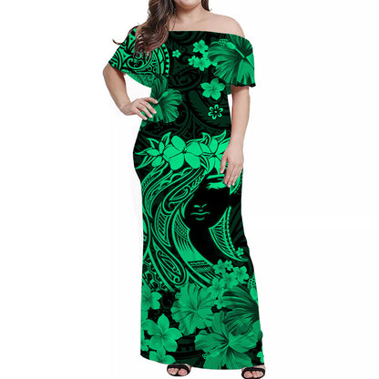 Hawaii Off Shoulder Long Dress Polynesia Green Attractive Hula Girl