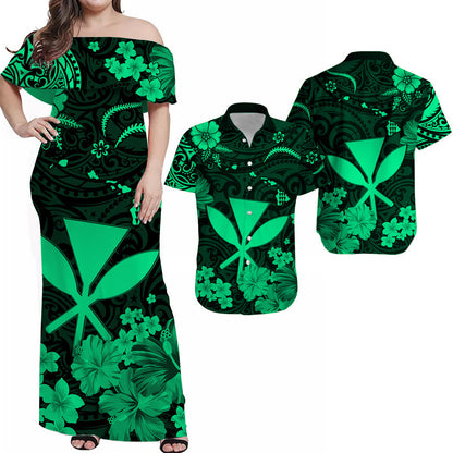 Hawaiian Matching Outfits For Couples Hawaii Combo Dress and Hawaiian Shirt Polynesia Green Kanaka Maoli