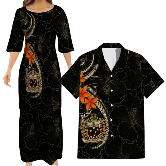 Samoa Coat Of Arms Black Couple Outfit Matching Polynesian Plumeria Flowers Pattern Dress And Hawaiian Shirt