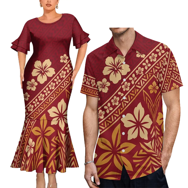 Polynesian Tribal Flowers Red Tropical Couples Matching Outfit Fishtail Skirt Dress And Shirt For Her Him