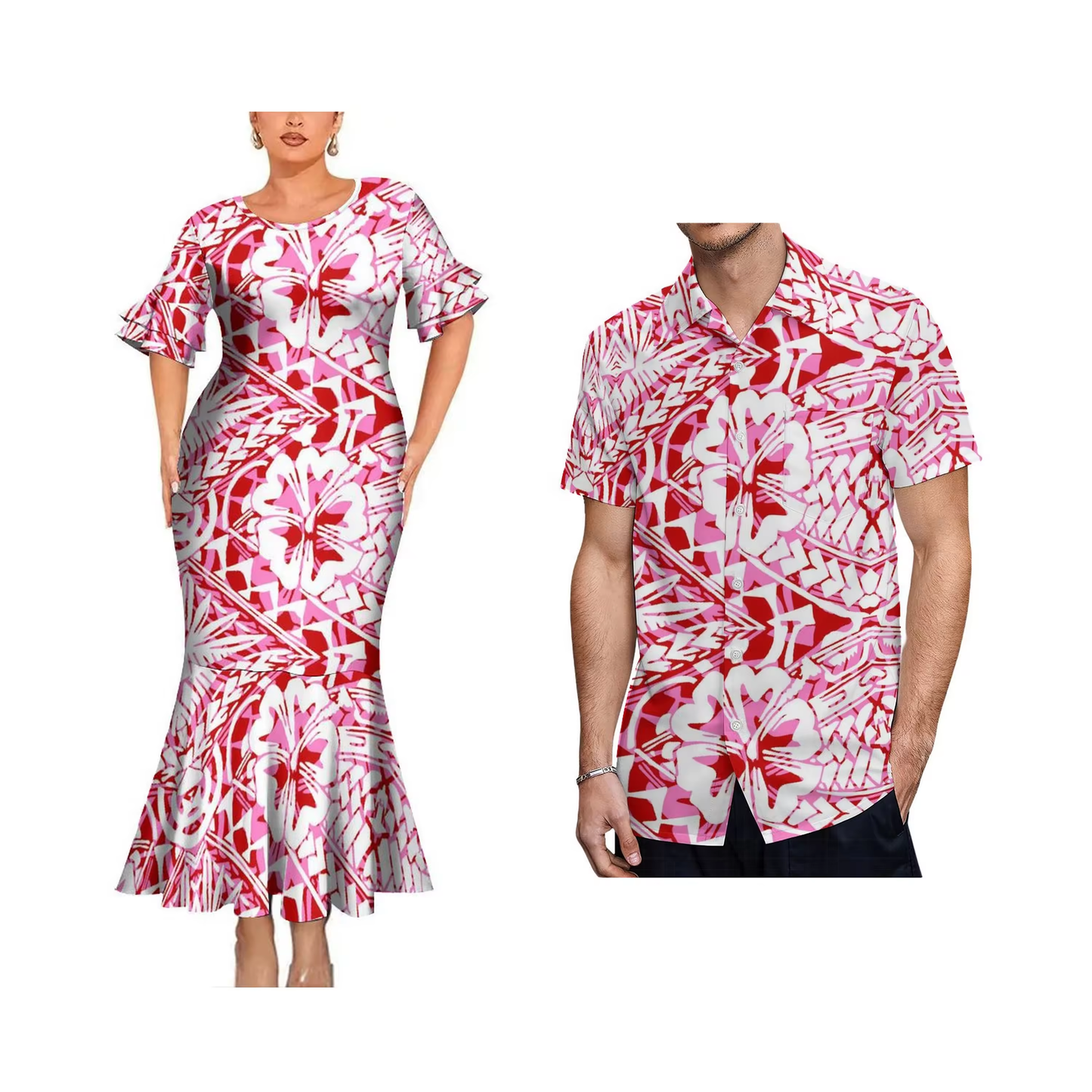 Polynesian Floral Vintage Pattern Matching Outfit For Couple Bodycon Mermaid Dress and Shirt