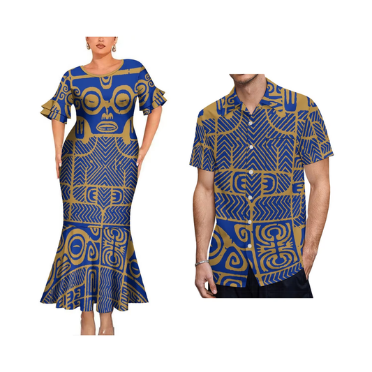 Polynesian Tribal Mask Pattern Blue Couple Matching Outfit Women Crew Neck Mermaid Dress and Shirt