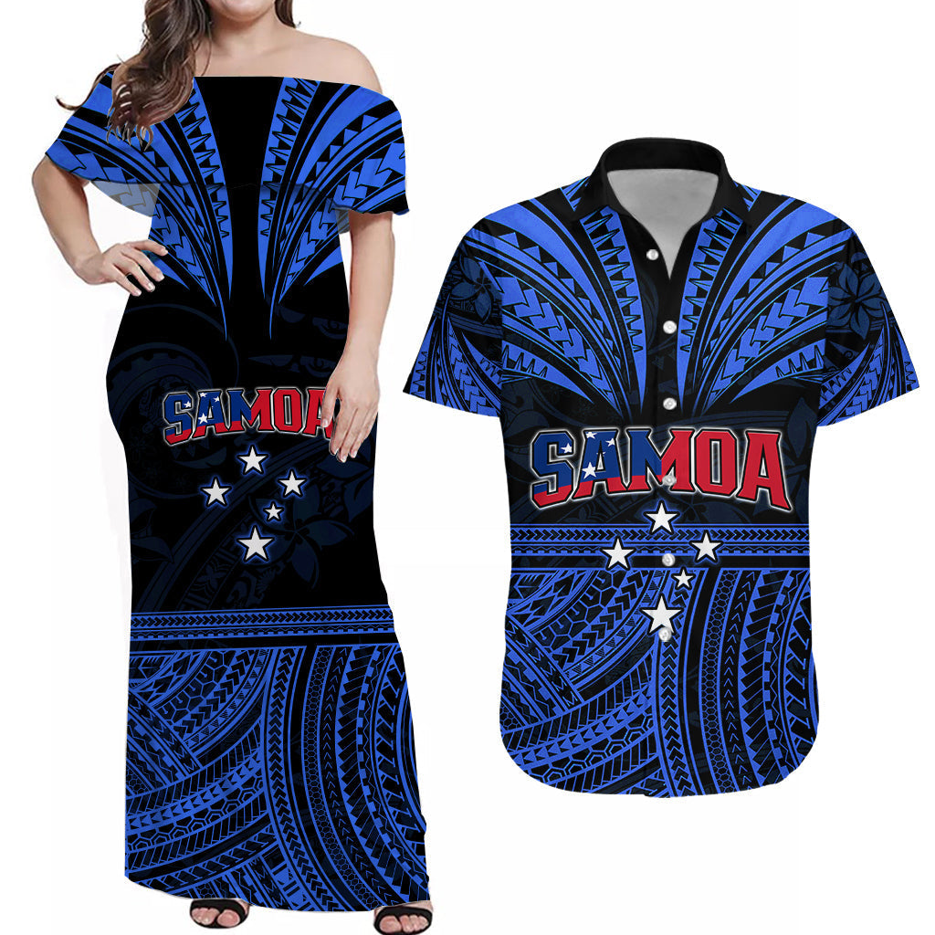 (Custom Personalised) Polynesian Couple Outfits Samoa Tatau Combo Dress and Hawaiian Shirt Blue Polynesian Proud Samoan