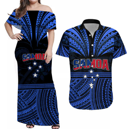 (Custom Personalised) Polynesian Couple Outfits Samoa Tatau Combo Dress and Hawaiian Shirt Blue Polynesian Proud Samoan