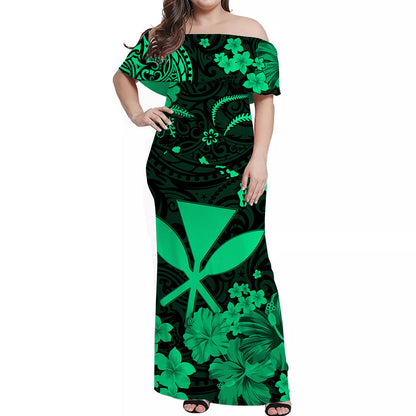 Hawaiian Matching Outfits For Couples Hawaii Combo Dress and Hawaiian Shirt Polynesia Green Kanaka Maoli
