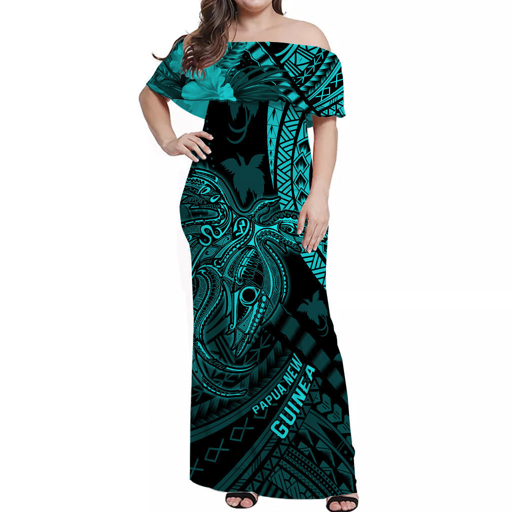 Custom Personalised Papua New Guinea Off Shoulder Long Dress Raggiana Birds Of Paradise Turquoise