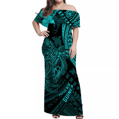 Custom Personalised Papua New Guinea Off Shoulder Long Dress Raggiana Birds Of Paradise Turquoise