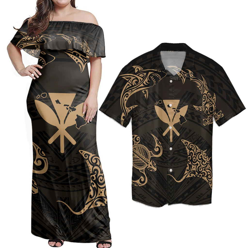 Matching Hawaiian Outfits For Couples Polynesian Turtle Hammerhead Shark Ray Kanaka Hawaii Circle Gold