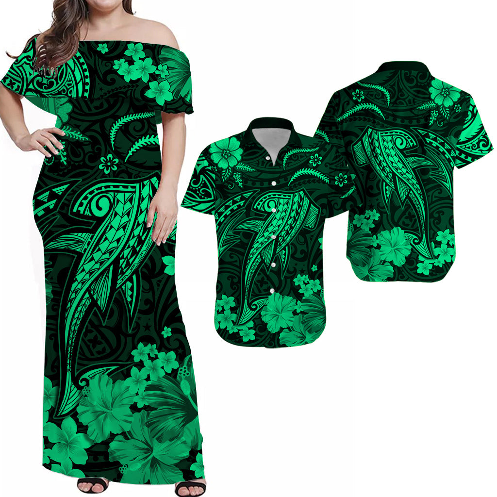 Hawaiian Matching Outfits For Couples Hawaii Combo Dress and Hawaiian Shirt Polynesia Green Shark