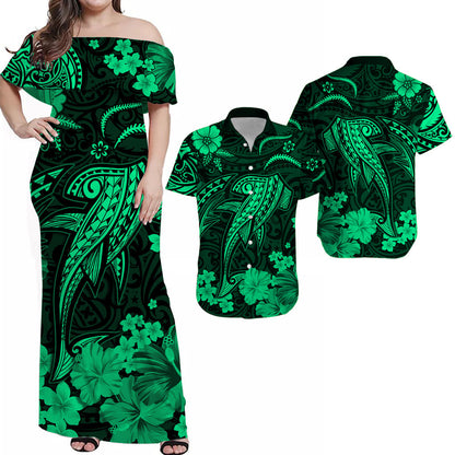 Hawaiian Matching Outfits For Couples Hawaii Combo Dress and Hawaiian Shirt Polynesia Green Shark