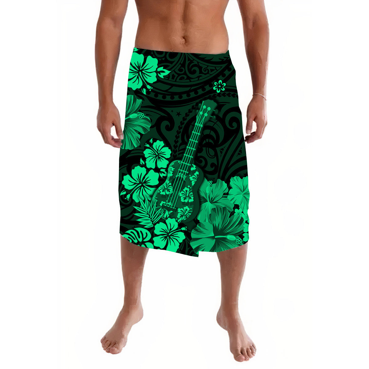 Hawaii Lavalava Polynesia Green Ukulele Flowers