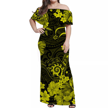 Hawaii Off Shoulder Long Dress Polynesia Yellow Cool Shaka Sign