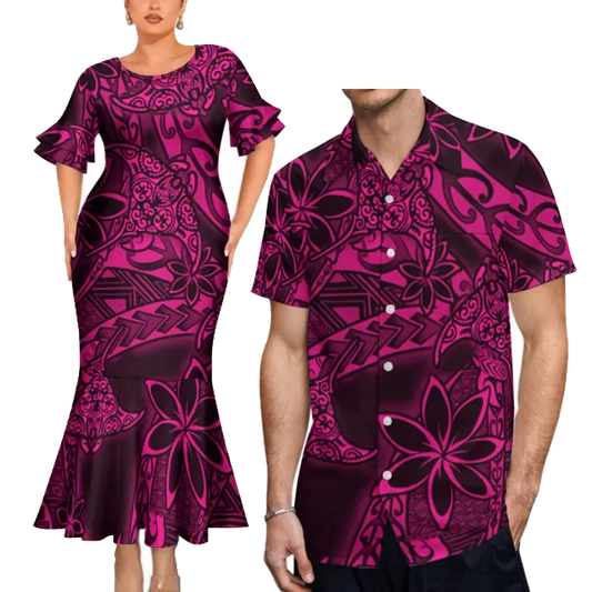 Flowers Tropical Pattern Polynesian Tribal Outfit For Couple Fishtail Skirt Dress And Hawaiian Shirt