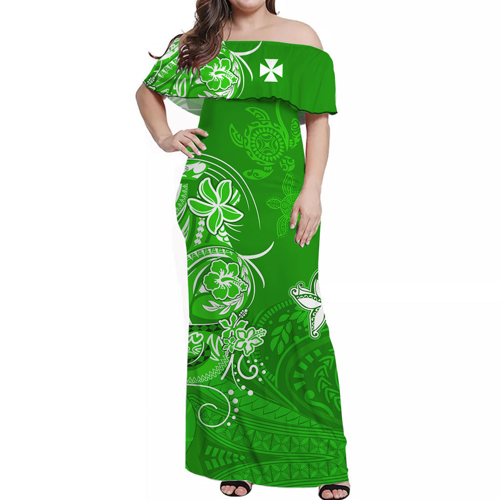 Custom Personalised Wallis et Futuna Off Shoulder Long Dress Polynesia Green Sea Turtle and Flowers