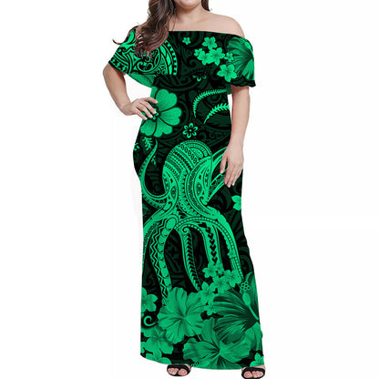 Hawaii Off Shoulder Long Dress Polynesia Green Octopus