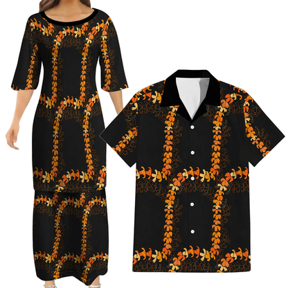 Puakenikeni Pikake Lei Curve Lei Flower Matching Outfit For Couple Polynesian Puletasi Dress And Shirt