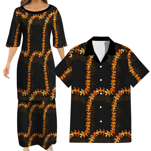 Puakenikeni Pikake Lei Curve Lei Flower Matching Outfit For Couple Polynesian Puletasi Dress And Shirt