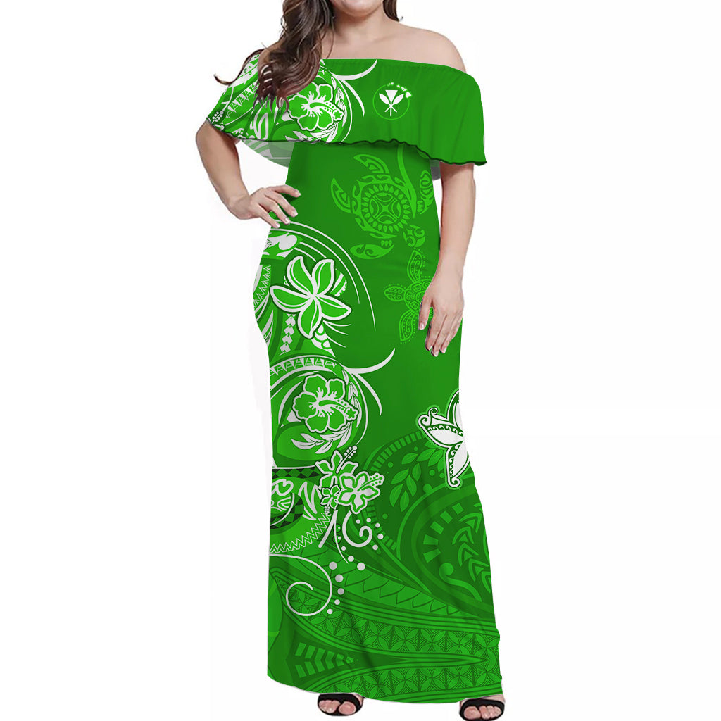 Custom Personalised Hawaii Off Shoulder Long Dress Polynesia Green Sea Turtle Honu and Map