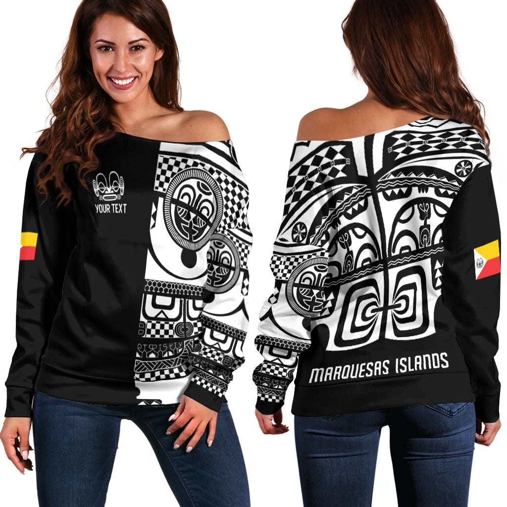 (Custom Personalised) Marquesas Islands Tiki Off Shoulder Sweater Marquesan Tattoo