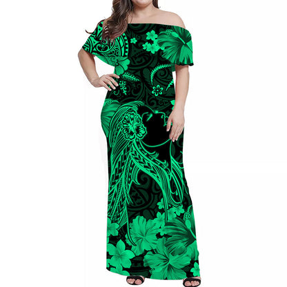 Hawaiian Matching Outfits For Couples Hawaii Combo Dress and Hawaiian Shirt Polynesia Green Beautiful Hula Girl