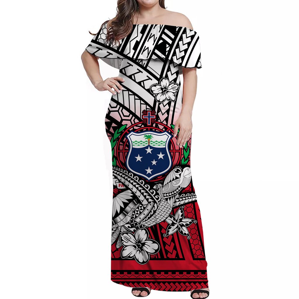 Samoa Off Shoulder Long Dress Hibiscus Flowers White