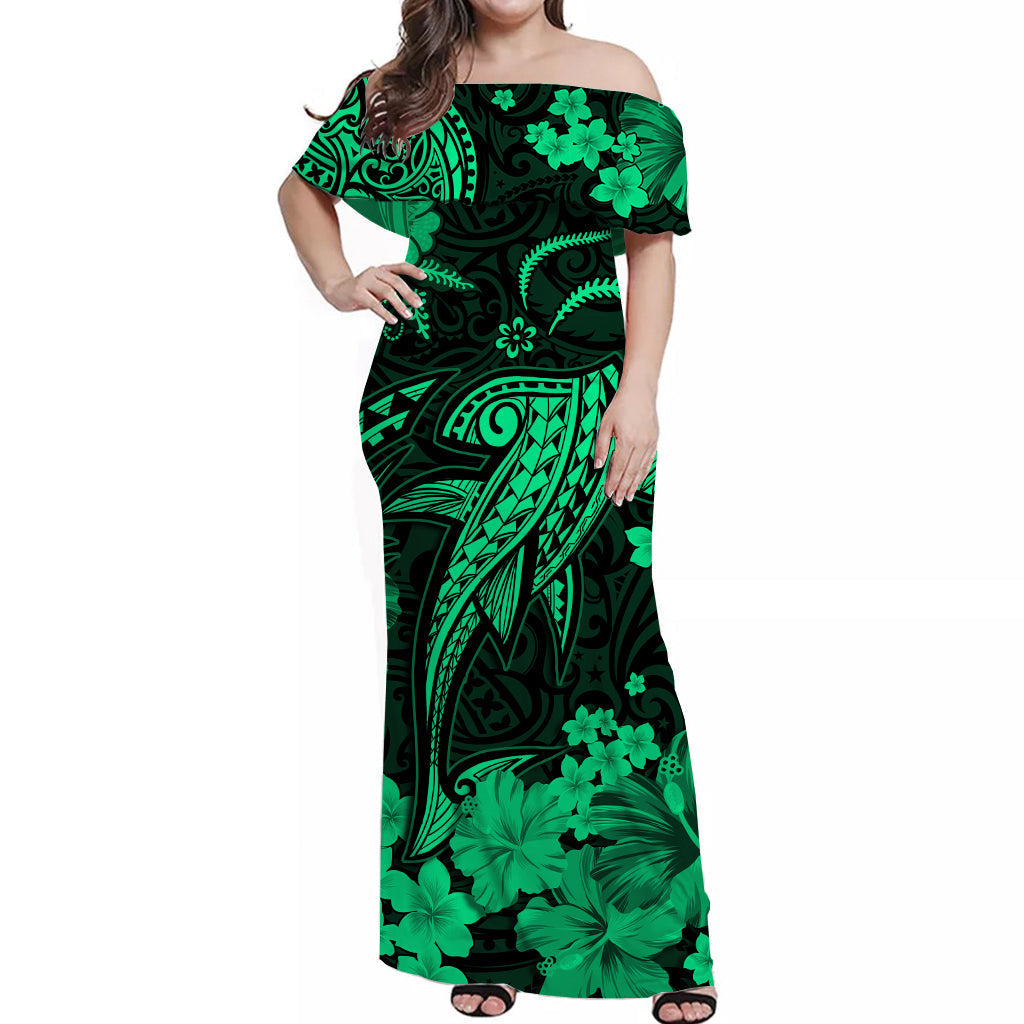 Hawaii Off Shoulder Long Dress Polynesia Green Shark