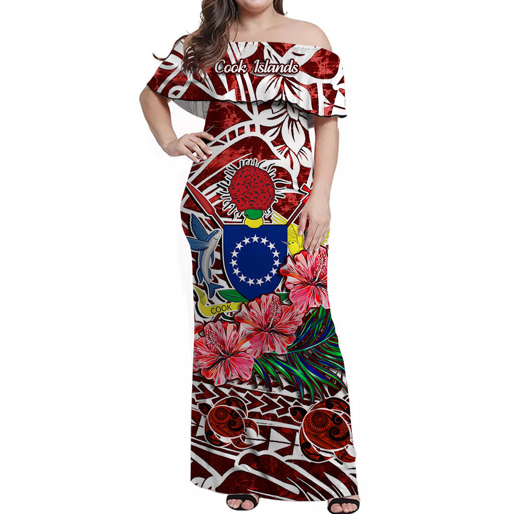 Cook Islands Off Shoulder Long Dress Hibiscus and Turtles Red