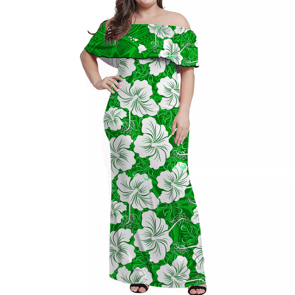 Custom Personalised Hawaii Off Shoulder Long Dress Green Simple Tropical Flowers