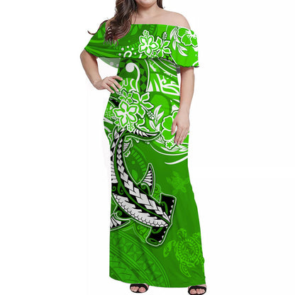 (Custom Personalised) Matching Hawaiian Outfits For Couples Combo Polynesia Green Sea Turtle Honu and Hammerhead Shark Dress and Hawaiian Shirt