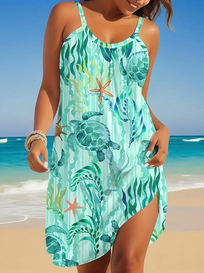 Women's Bohemian Tropical Print Sleeveless Tank Top - Vibrant Blue & Green Floral Starfish Sun Design Summer Beachwear, Tropical Beach Dress For Women