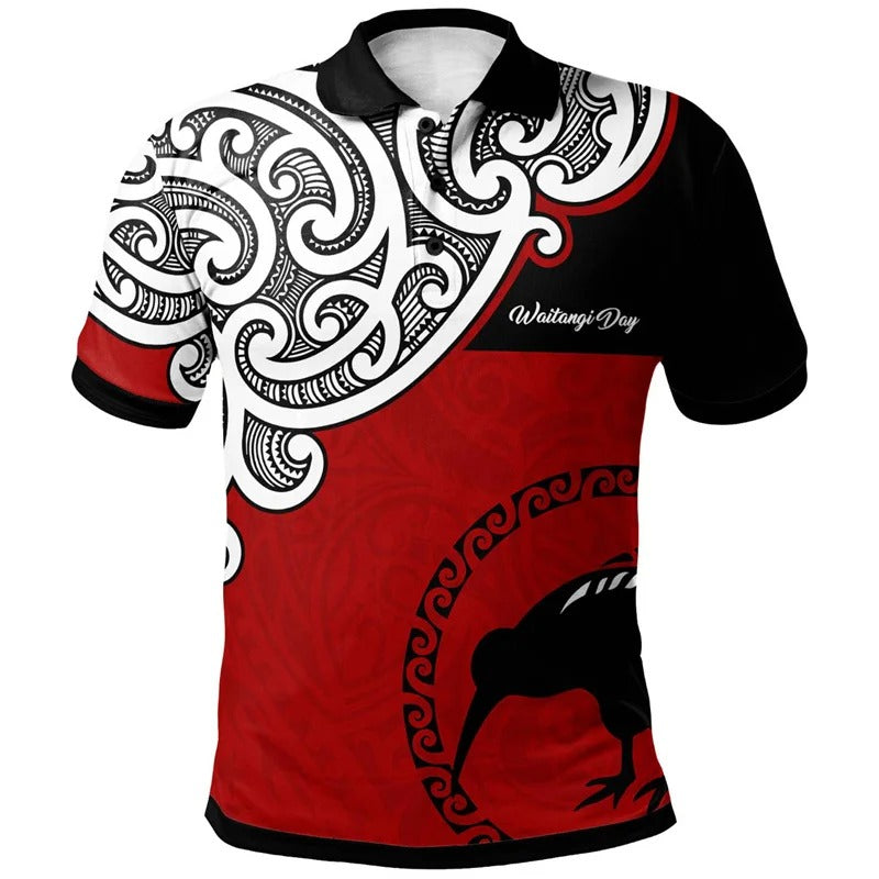 New Zealand Polo Shirt Polynesian NZ Kiwi Bird Pattern Symbols Printed Shirt