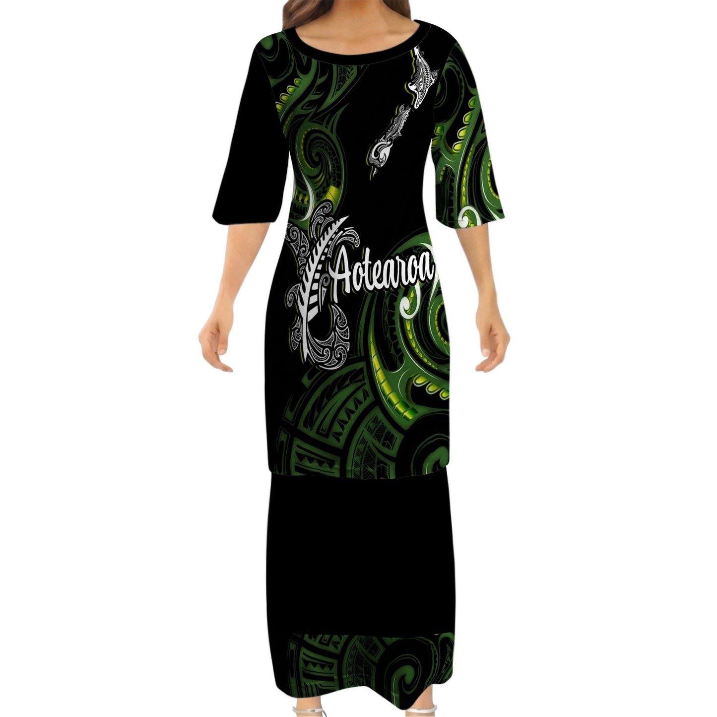 New Zealand Matching Outfit For Couple Aotearoa Silver Fern Puletasi Dress And Hawaiian Shirt For Her Him