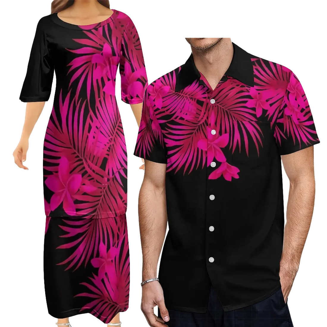 Polynesian Traditional Tribal Flowers Pattern Pink Couple Set Puletasi Dress Man Shirt Matching Outfit